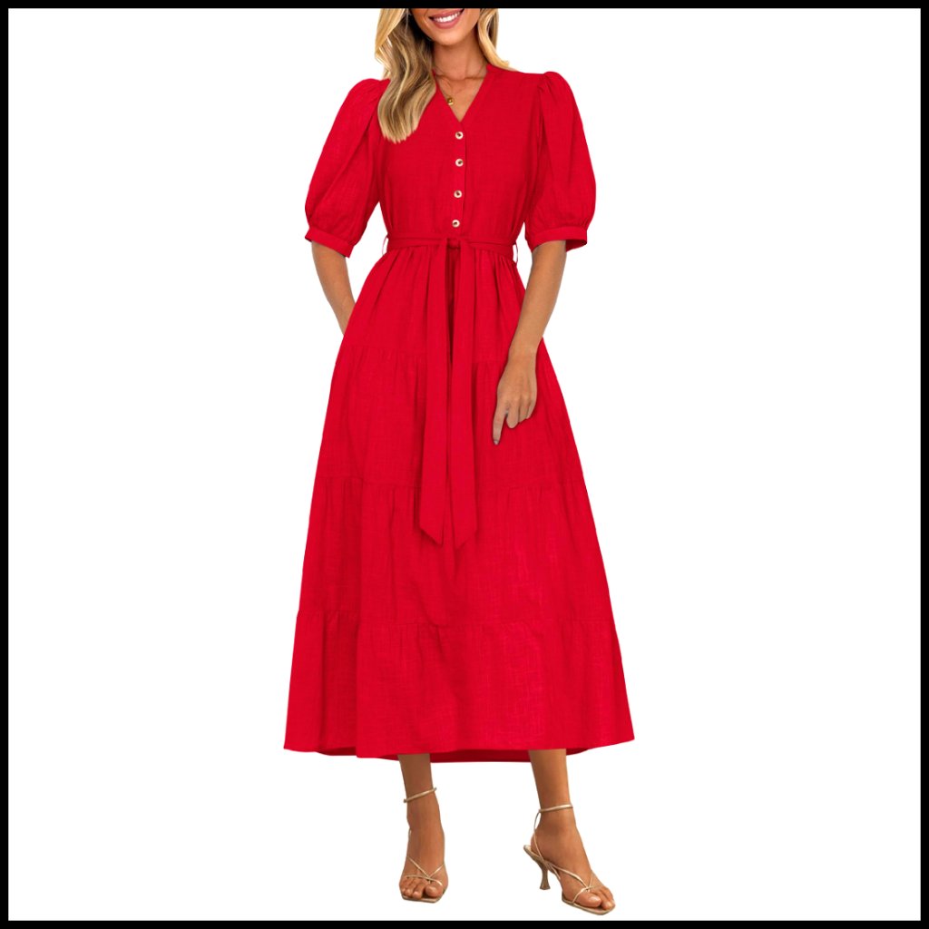 Short Sleeve V Neck A Line Midi Dress With Belt And Pockets